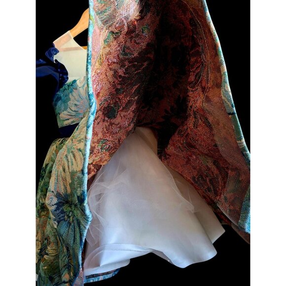 Vtg Girls Floral Tapestry Dress With Sheer Bodice & Navy Satin Puff Sleeves - Picture 7 of 15